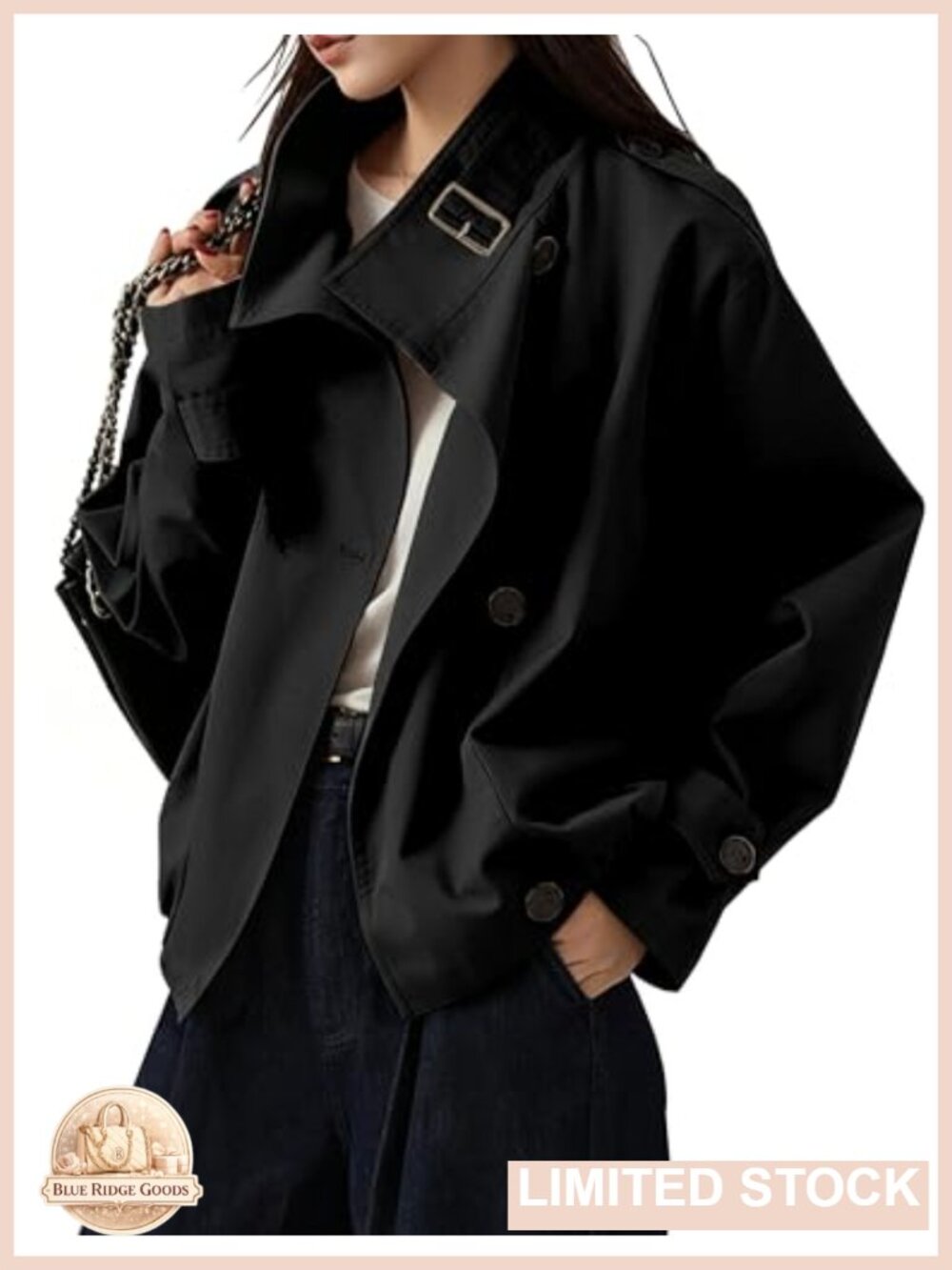 Vintage Cotton Blend Cropped Trench Coat Funnel Neck Casual Jacket